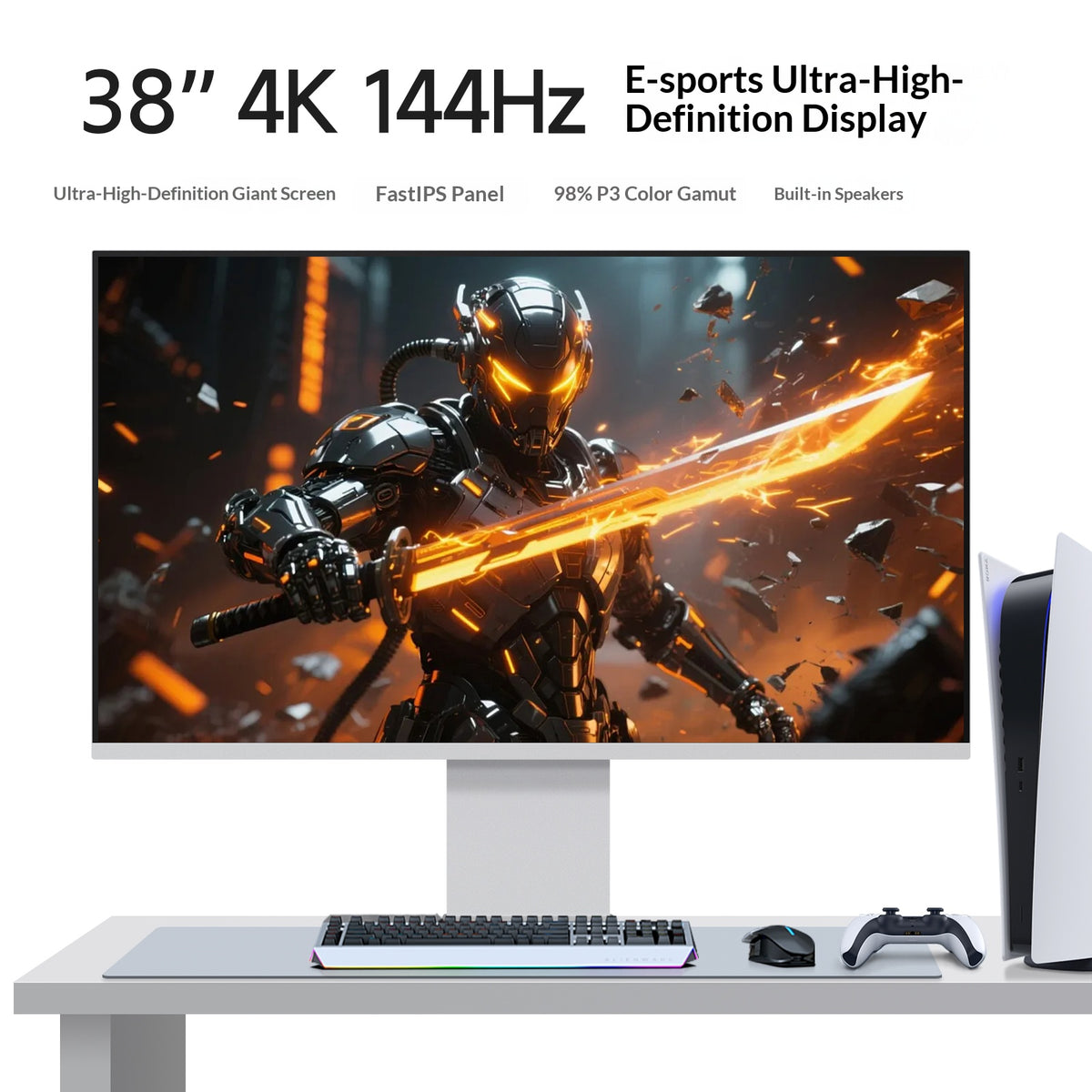 Fyonix 38 Inch 4K Monitor UHD 3840×2160 144Hz Fast IPS Panel, USB-C 65W, HDMI & DP , 98% DCI-P3, ΔE≤2, Height-Adjustable & Pivot Stand — for Creators & Designers