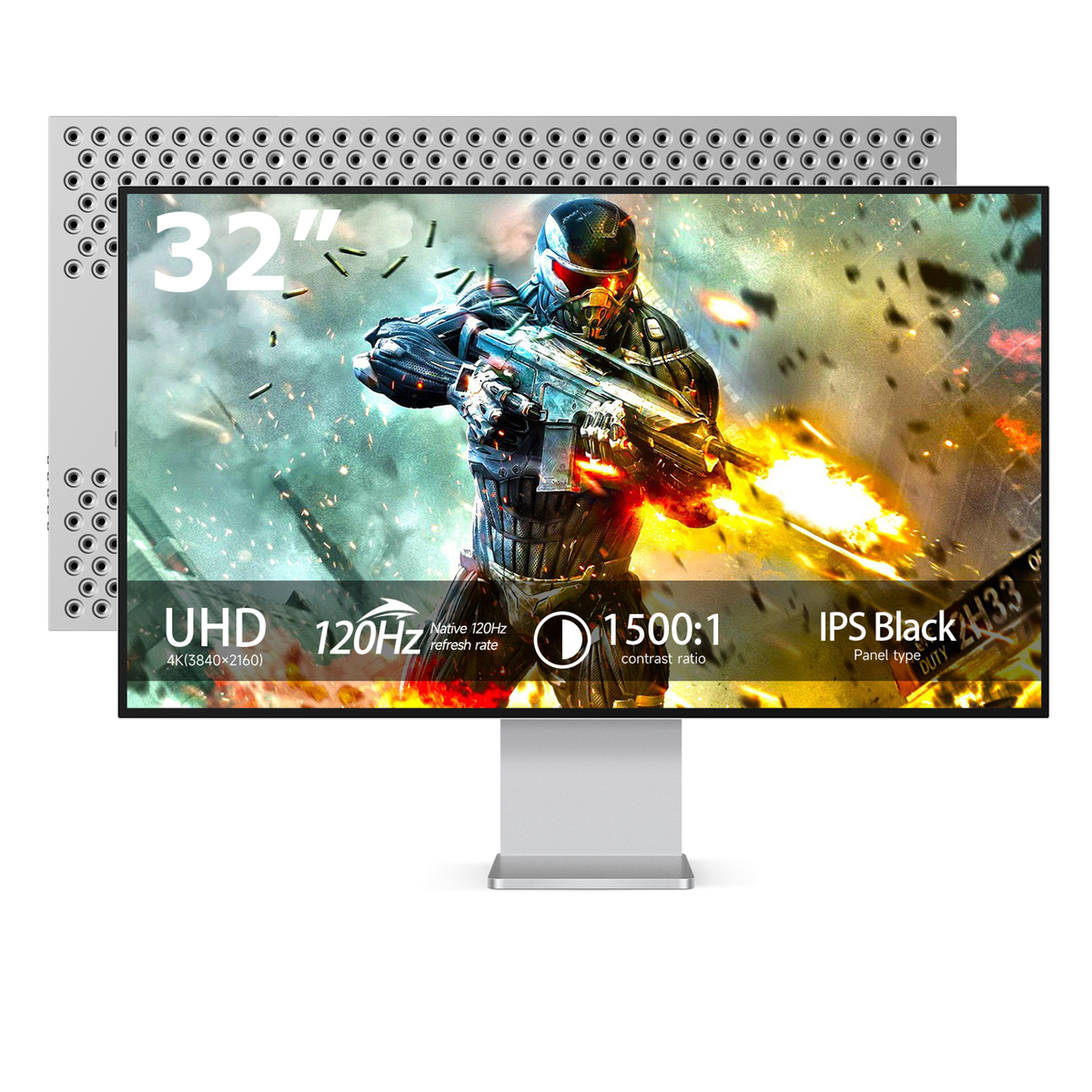 Fyonix 32 Inch 4K Monitor UHD 3840×2160 120Hz IPS Black Panel, USB-C 65W, HDMI 2.1 & DP 1.4, 96% DCI-P3, ΔE≤2, Height-Adjustable & Pivot Stand — for Creators & Gamers